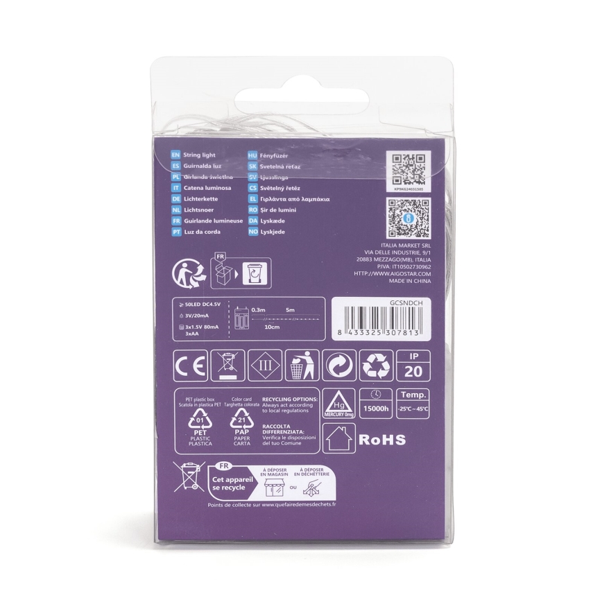 Aigostar - LED Julbelysning 50xLED/3xAA 5,3m varmvit