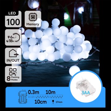 Aigostar - LED julkedja för utomhusbruk 100xLED/3xAA/8 funktioner 10,3 m IP44 kall vit