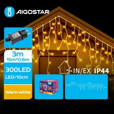 Aigostar - LED julkedja för utomhusbruk 300xLED/8 funktioner 18x0,6m IP44 varm vit