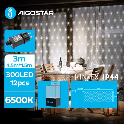 Aigostar- LED julkedja för utomhusbruk 300xLED/8 funktioner 7,5x1,5m IP44 kall vit