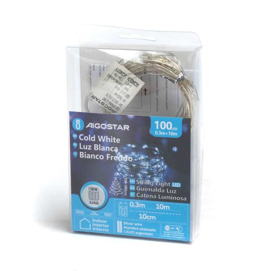 Aigostar - LED julslinga 100xLED/3xAA 10,3m kallvit