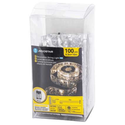 Aigostar - LED-julslinga 100 LED/3xAA 10 m varmvit silver