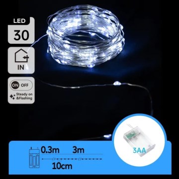 Aigostar - LED Julslinga 30xLED/3xAA 3,3 m kallvit