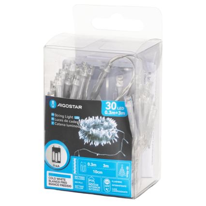 Aigostar - LED julslinga 30xLED/3xAA 3,3m kallvit