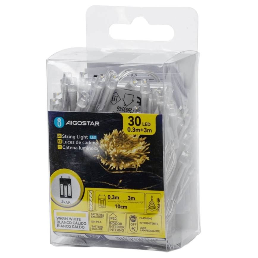 Aigostar - LED-julslinga 30xLED/3xAA 3,3m varmvit