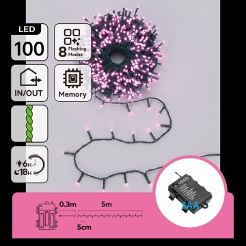 Aigostar - LED julslinga för utomhusbruk 100xLED/8 funktioner 3xAA 5,3m IP44 rosa