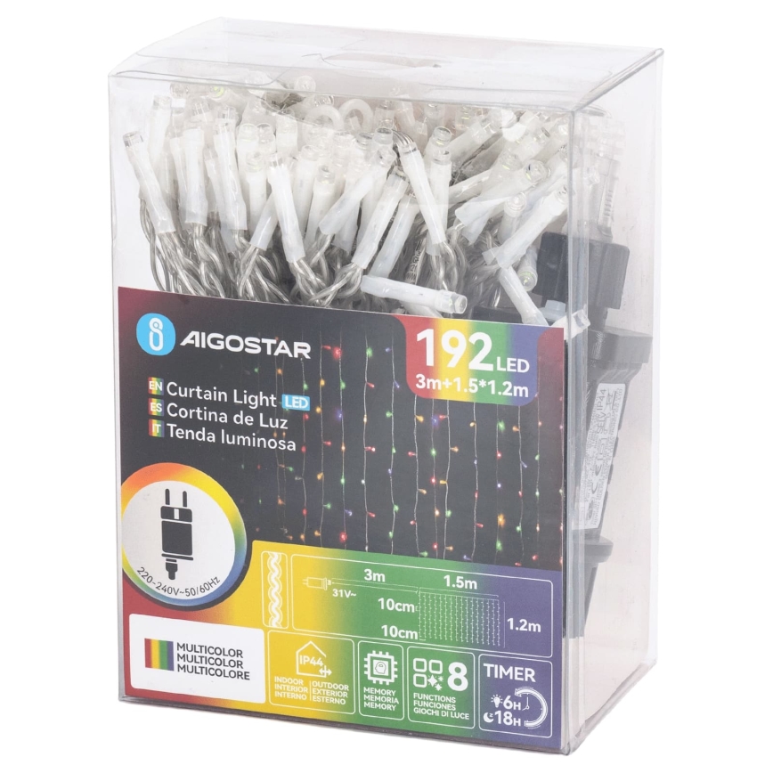 Aigostar - LED julslinga för utomhusbruk 192xLED/8 funktioner 4,5x1,2m IP44 flerfärgad