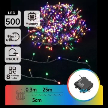 Aigostar - LED-julslinga för utomhusbruk, 500 LED / 8 funktioner, 4×AA, 25,3 m, IP44, flerfärgad