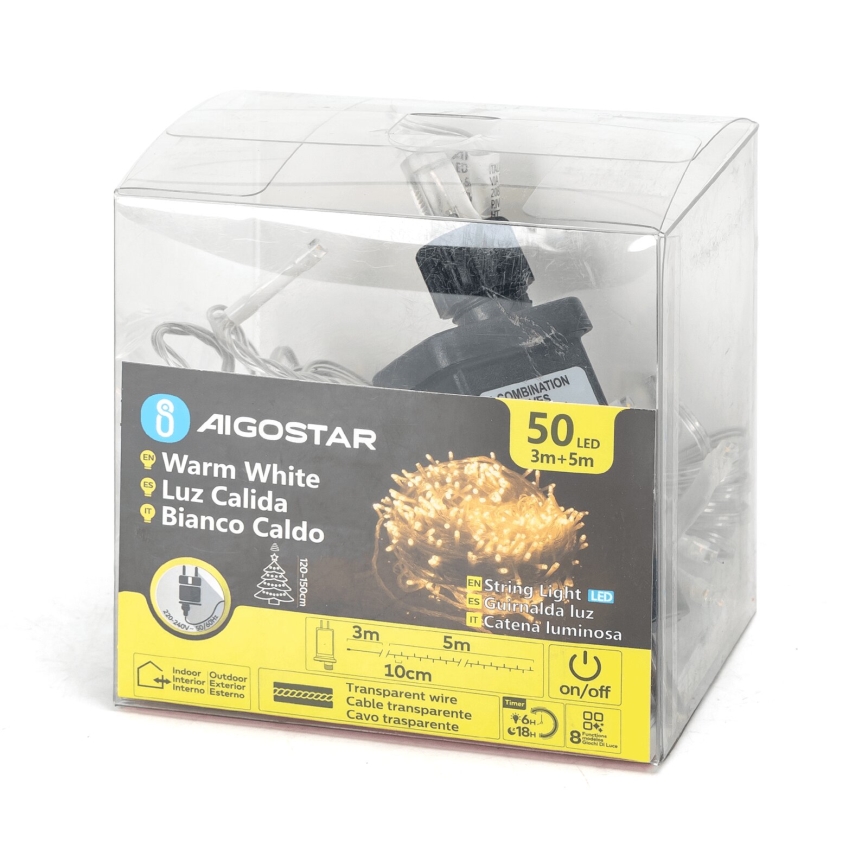 Aigostar - LED julslinga för utomhusbruk 50xLED/8 funktioner 8m IP44 varmvit