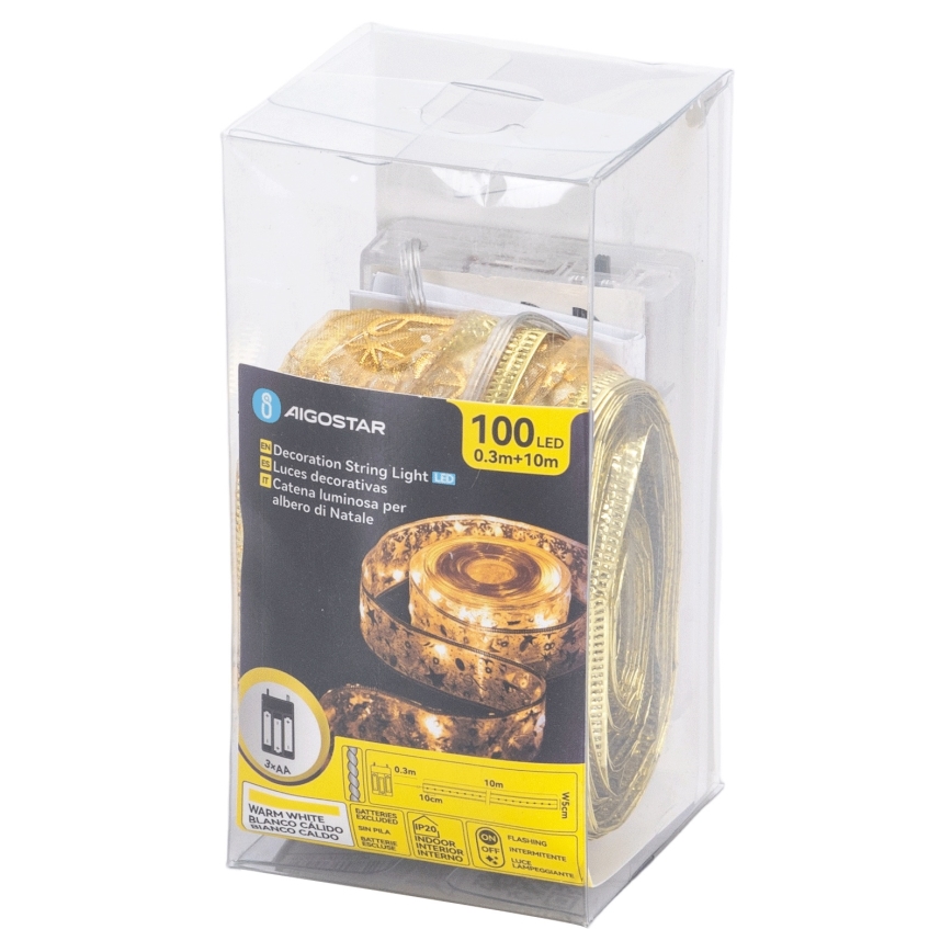 Aigostar - LED-ljusslinga 100xLED/3xAA 10 m varmvit, guldfärgad