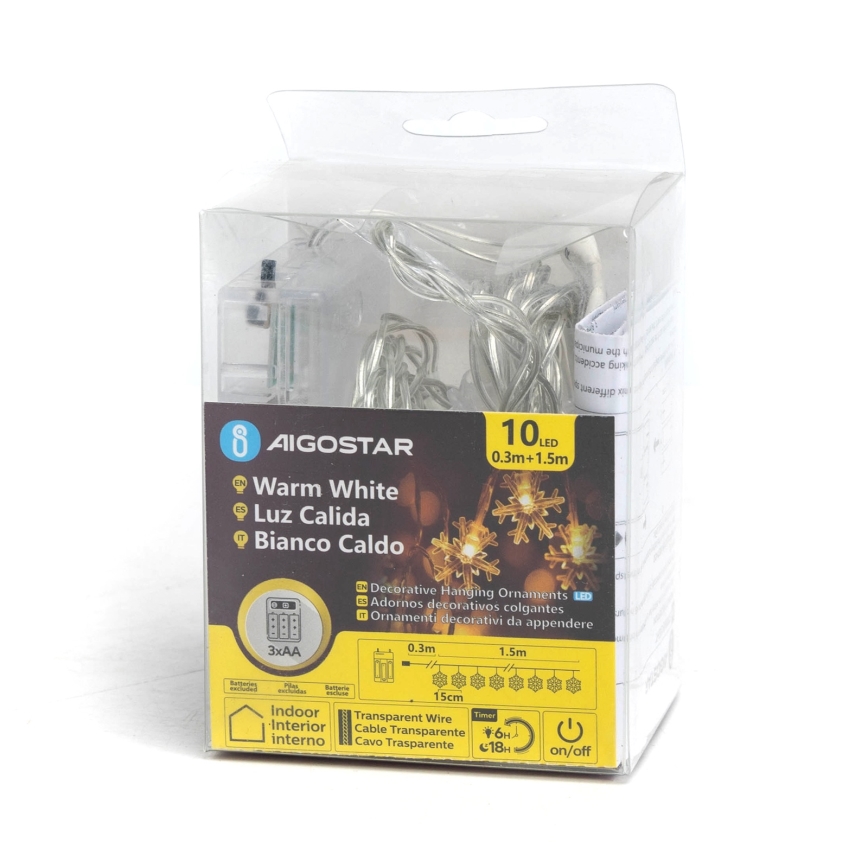 Aigostar - LED  ljusslinga 10xLED/3xAA 1,5m varmvit snöflingor