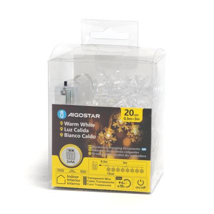 Aigostar - LED-ljusslinga 20xLED/3xAA 3,3 m snöflingor