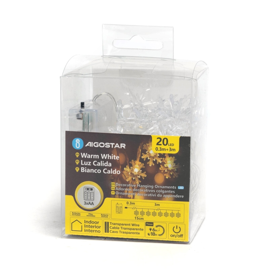 Aigostar - LED-ljusslinga 20xLED/3xAA 3,3 m snöflingor