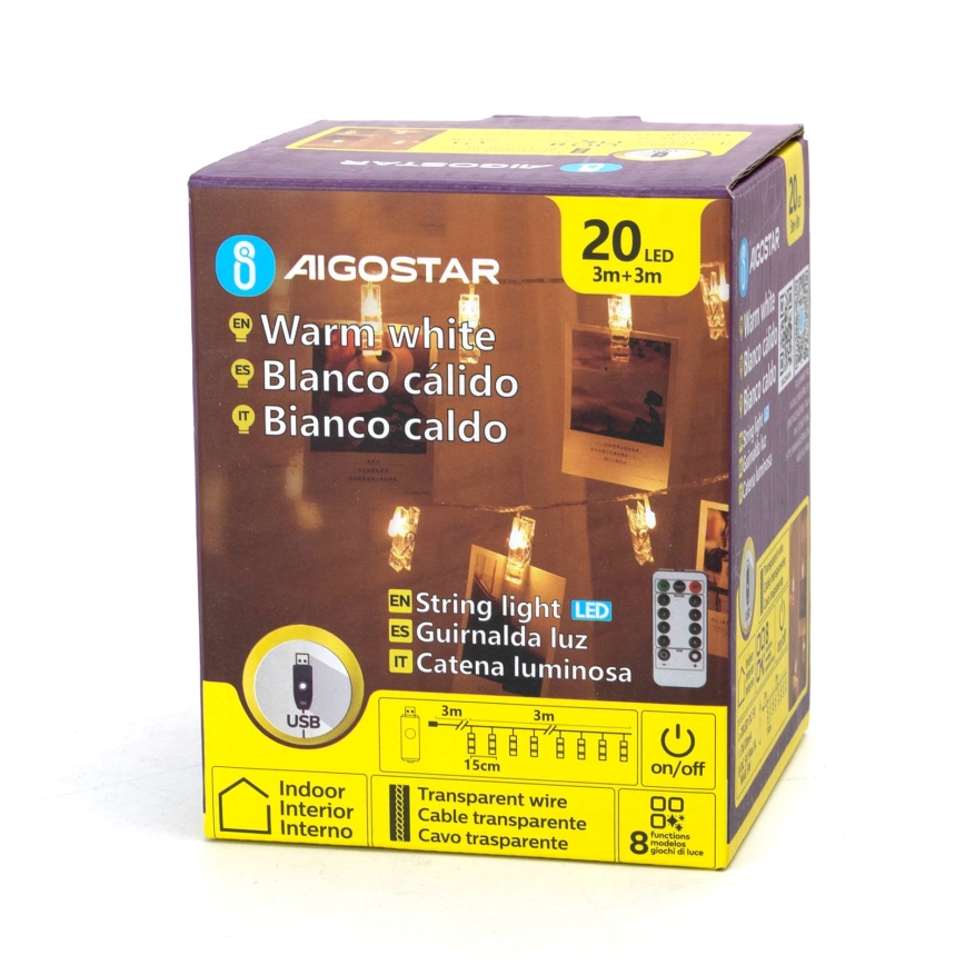 Aigostar - LED-ljusslinga 20xLED/5W/USB 6 m varmvit
