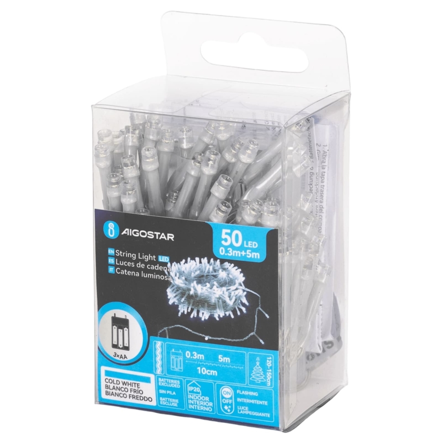 Aigostar - LED-ljusslinga 50xLED/3xAA 5,3m kallvit