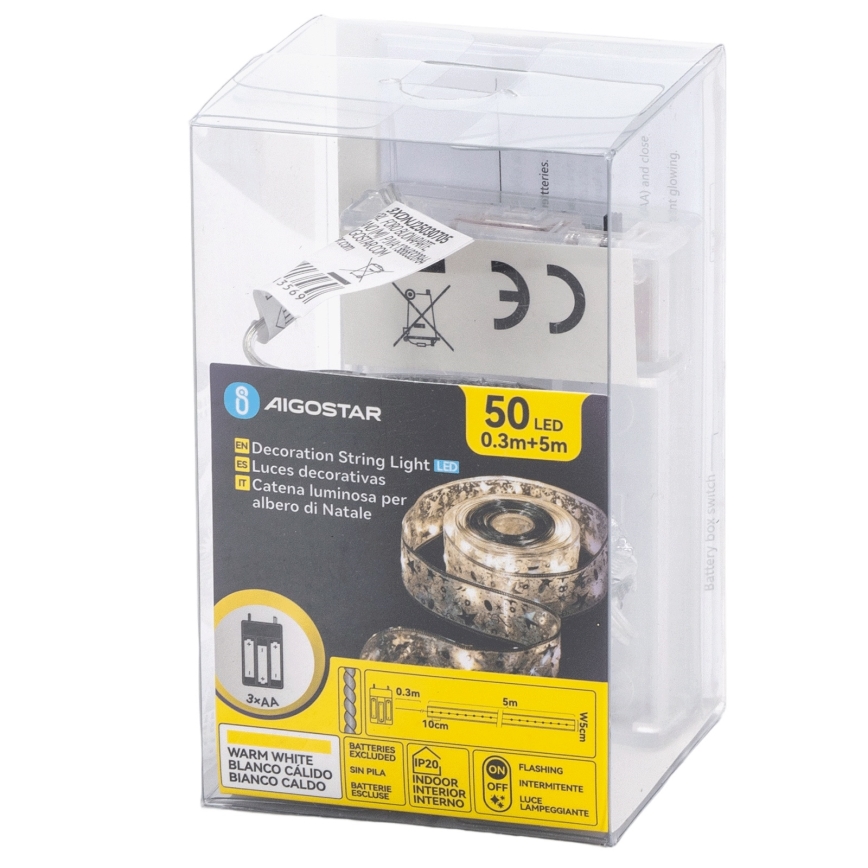 Aigostar - LED-ljusslinga 50xLED/3xAA 5 m varmvit silverfärgad