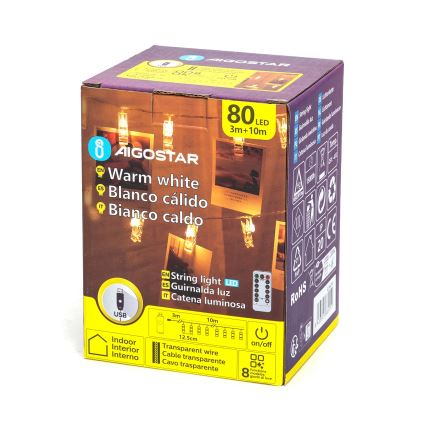 Aigostar - LED-ljusslinga 80 LED/5W/USB 13 m varmvit