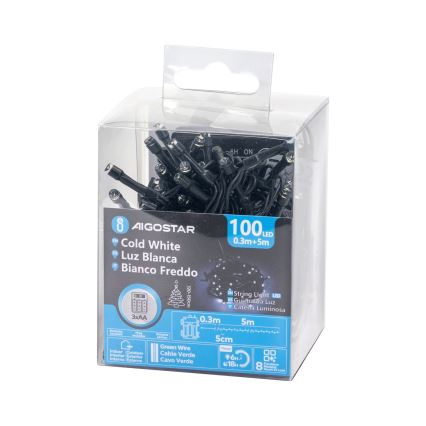Aigostar - LED utomhusslinga 100 LED, 8 ljuslägen, 3x AA, 5,3 m, IP44, kallvit