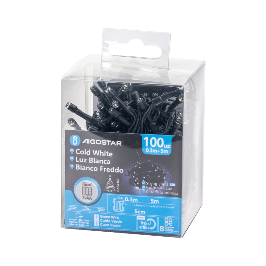 Aigostar - LED utomhusslinga 100 LED, 8 ljuslägen, 3x AA, 5,3 m, IP44, kallvit