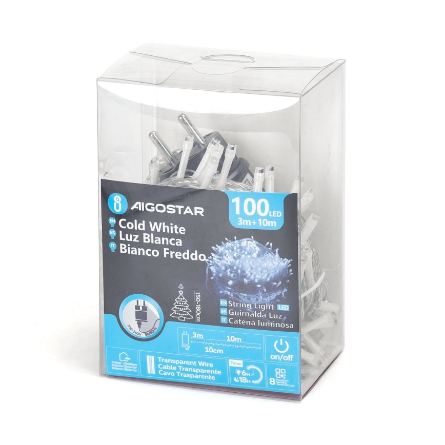 Aigostar - LED-ljusslinga för utomhusbruk, 100 LED, 8 funktioner, 13 m, IP44, kallvit