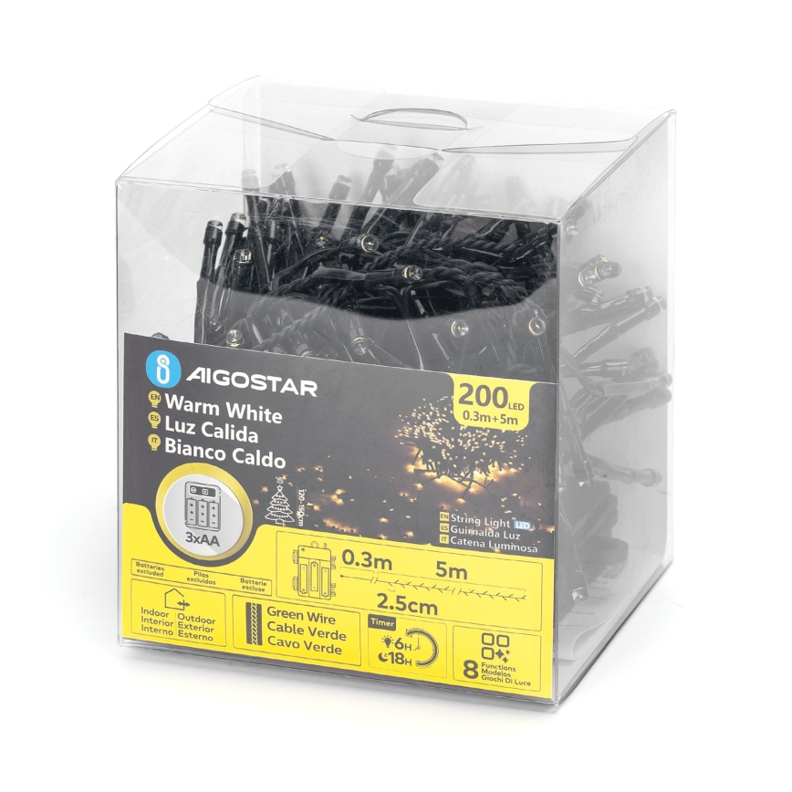Aigostar - LED-ljusslinga för utomhusbruk 200 LED / 8 funktioner 3×AA 5,3 m IP44 varmvit