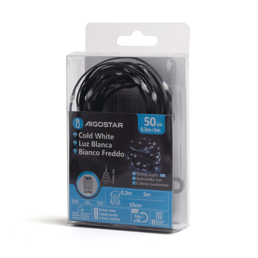 Aigostar - LED-ljusslinga för utomhusbruk, 50 LED/8 funktioner, 3xAA, 5,3 m, IP44, kallvitt