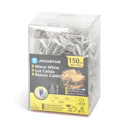 Aigostar - LED ljusslinga för utomhusbruk, jul 150 LED/8 funktioner 18 m IP44 varmvit