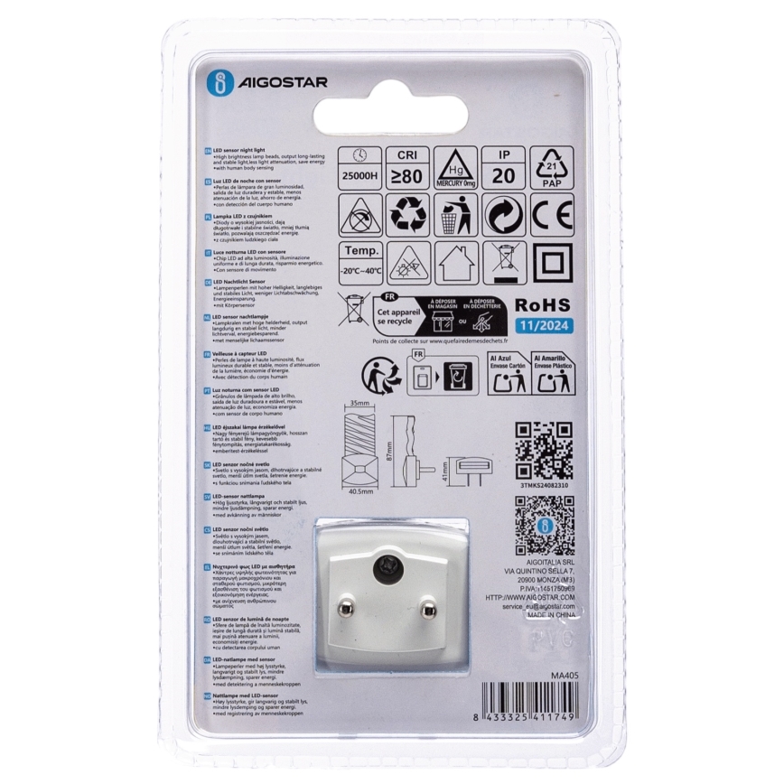 Aigostar - LED Nattlampa med skymningssensor LED/0,2W/230V 3000K