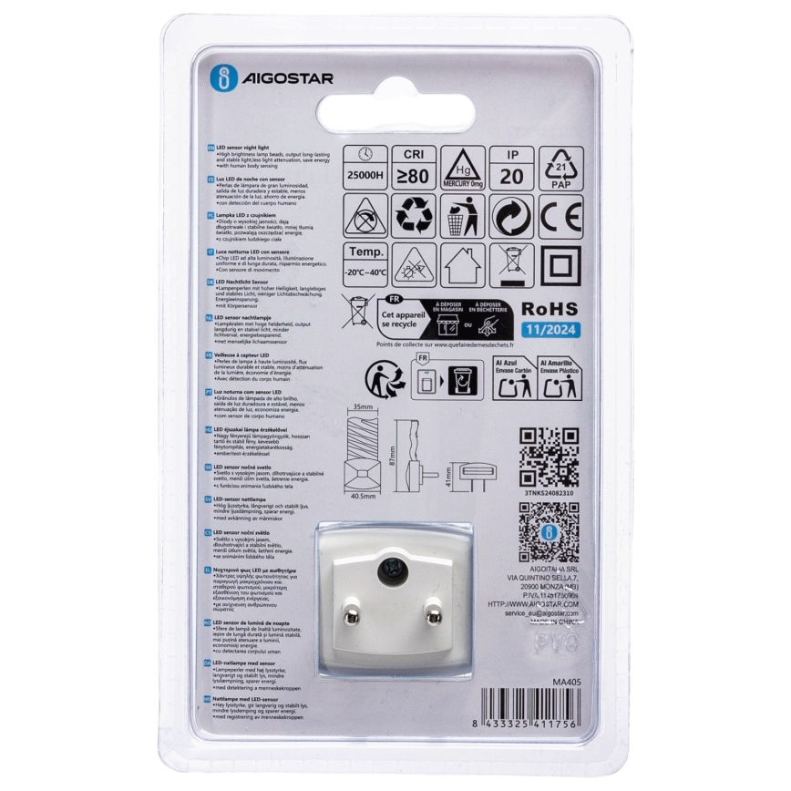 Aigostar - LED Nattlampa med skymningssensor LED/0,2W/230V 6500K