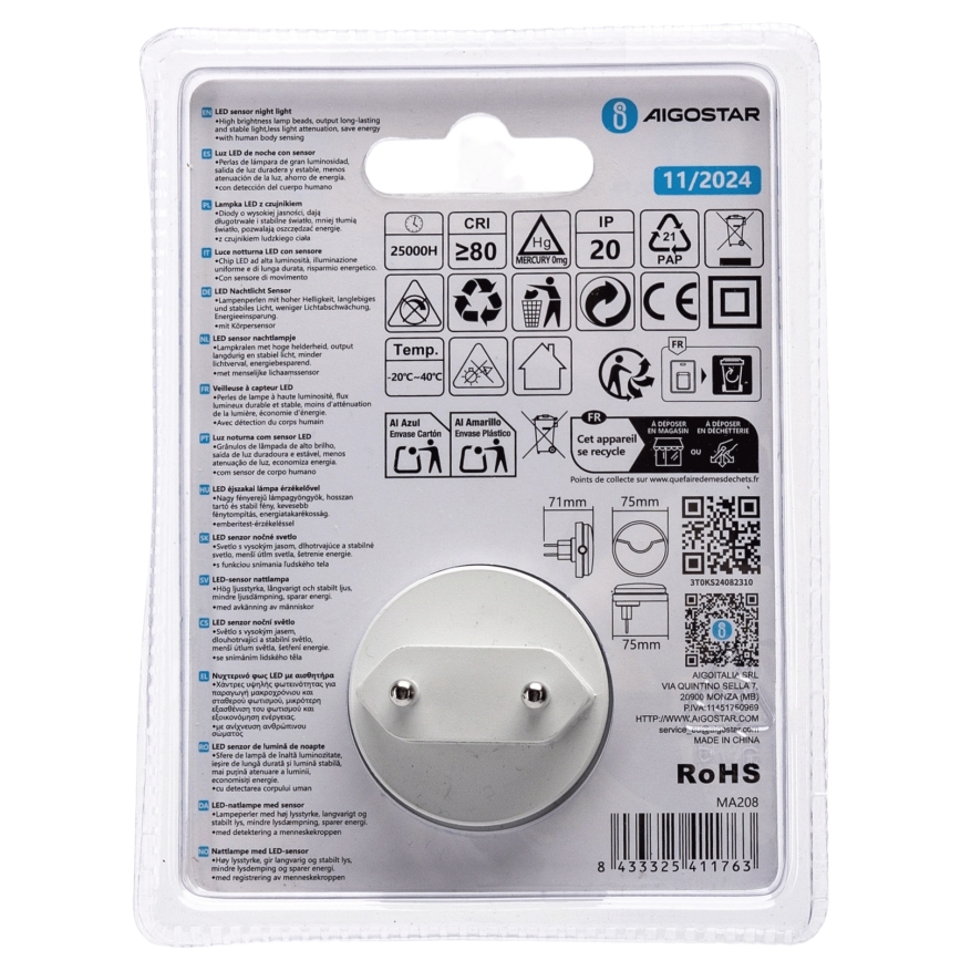 Aigostar - LED Nattlampa med skymningssensor LED/0,5W/230V 3000K