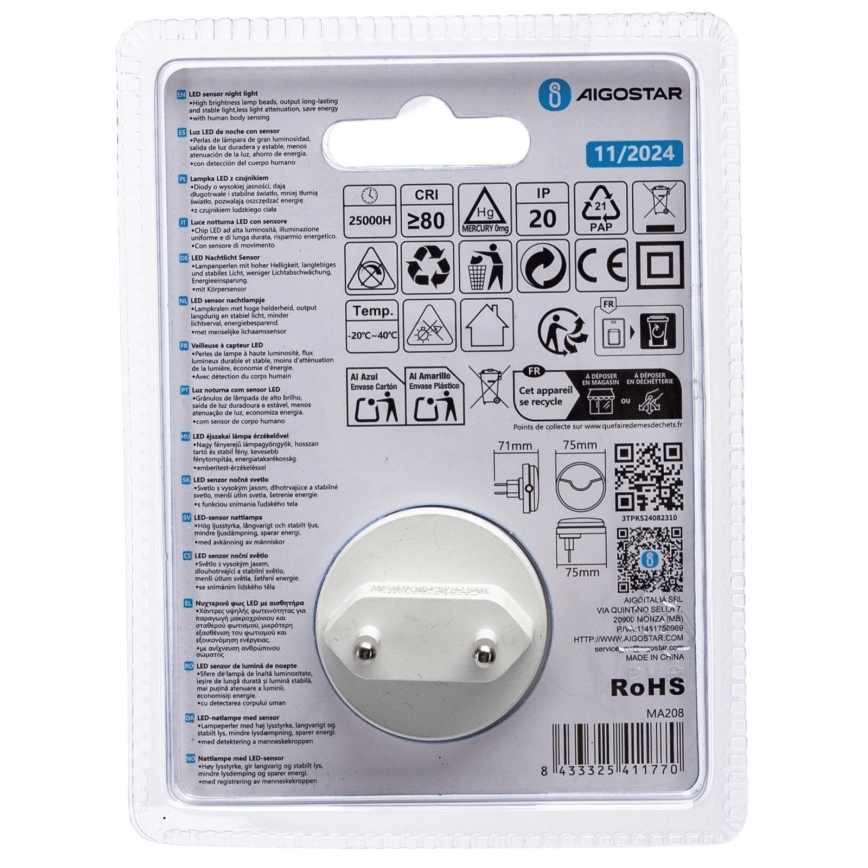 Aigostar - LED Nattlampa med skymningssensor LED/0,5W/230V 6500K