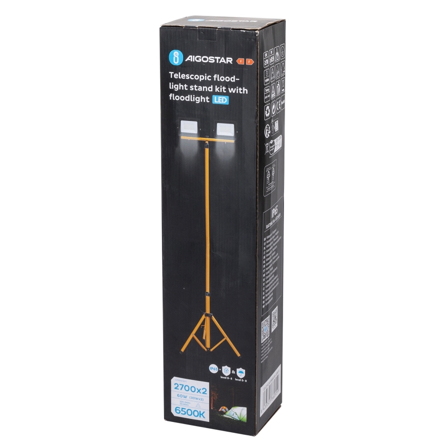 Aigostar - LED-reflektor med stativ 2xLED/30W/230V 6500K IP65 orange/svart