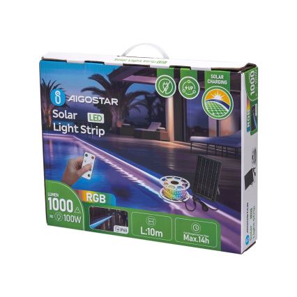 Aigostar - LED RGB Dimbart solbälte LED/10W/3,2V 10 m IP65 8000 mAh + fjärrkontroll