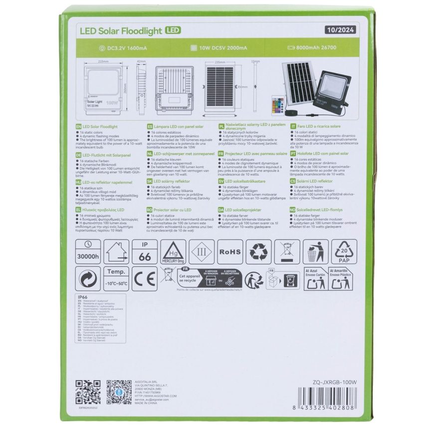 Aigostar - LED RGB Dimbart solreflektor LED/100W/3,2V IP66 + fjärrkontroll