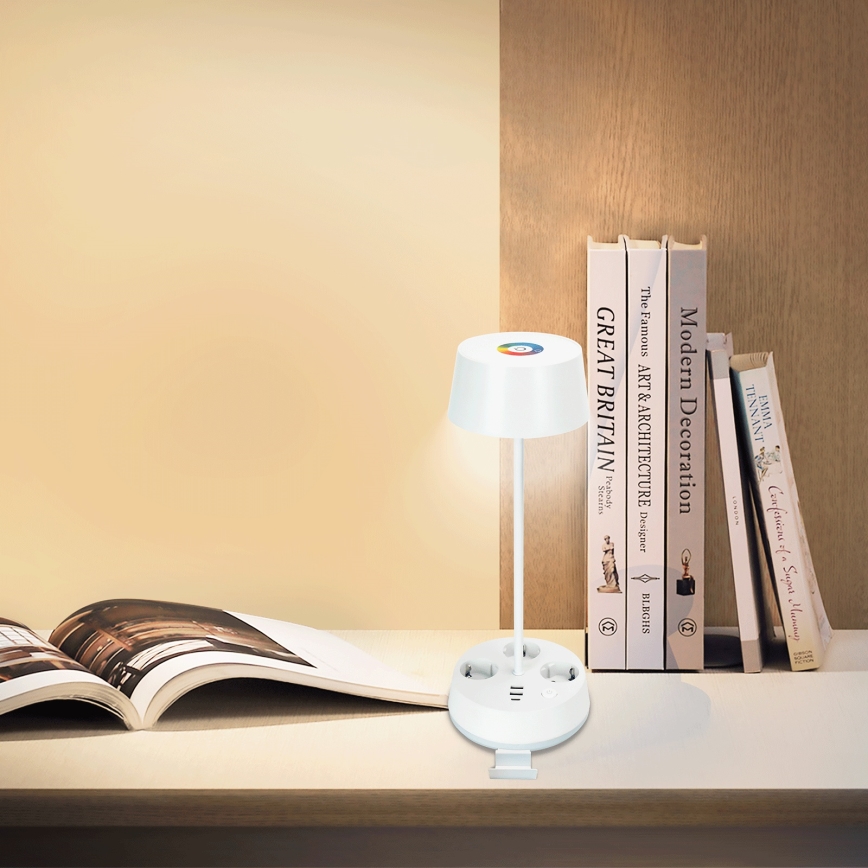 Aigostar - LED RGBW dimbar bordslampa med uttag och USB-port LED/4,6W/230V 3000/4000/6500K vit
