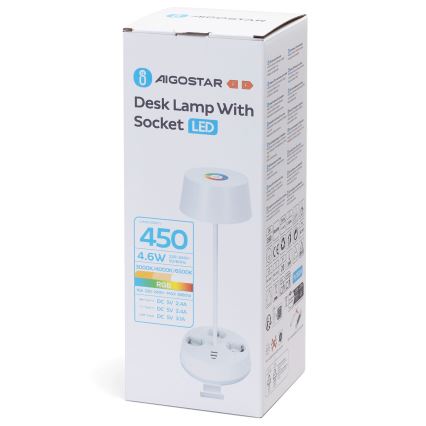 Aigostar - LED RGBW dimbar bordslampa med uttag och USB-port LED/4,6W/230V 3000/4000/6500K vit