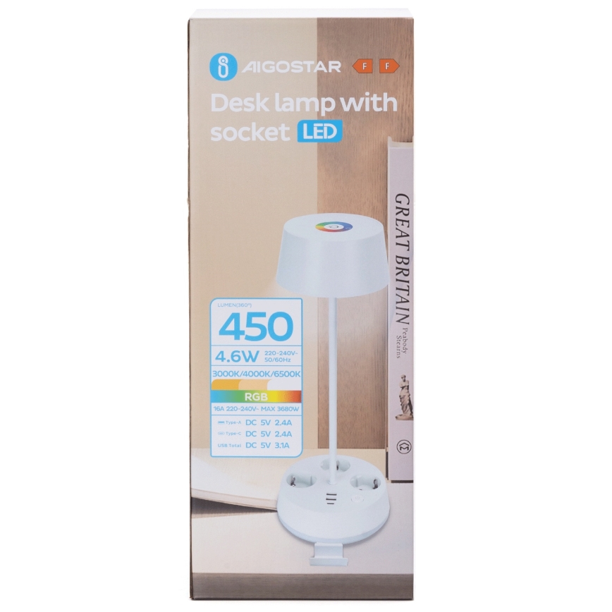 Aigostar - LED RGBW dimbar bordslampa med uttag och USB-port LED/4,6W/230V 3000/4000/6500K vit