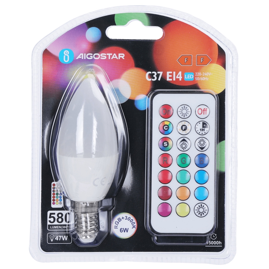 Aigostar - Dimmbar LED RGBW-lampa C37 E14/6W/230V 3000K + fjärrkontroll