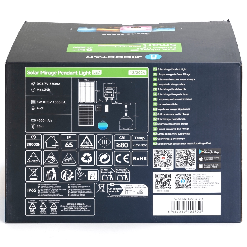 Aigostar - LED RGBW Dimbar  solcellsljuskrona MESH LED/20W/3,7V 4000 mAh 2700K-6500K IP65 diameter 15 cm