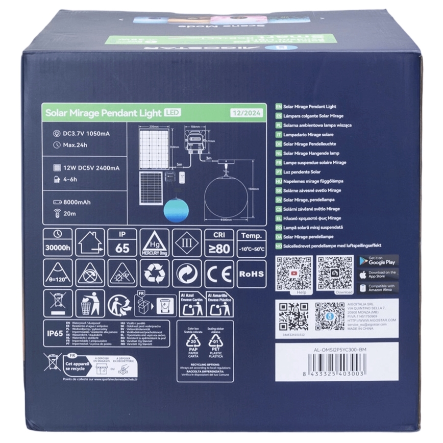 Aigostar - LED RGBW Dimbar  solcellsljuskrona MESH LED/5W/3,7V 8000 mAh 2700K-6500K IP65 diameter 30 cm