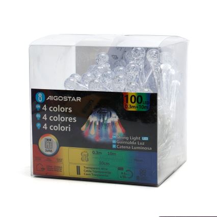 Aigostar - LED utomhusslinga för jul, 100 LED, 8 funktioner, batteridriven (3xAA), 10 m, IP44, flerfärgade droppformade lampor