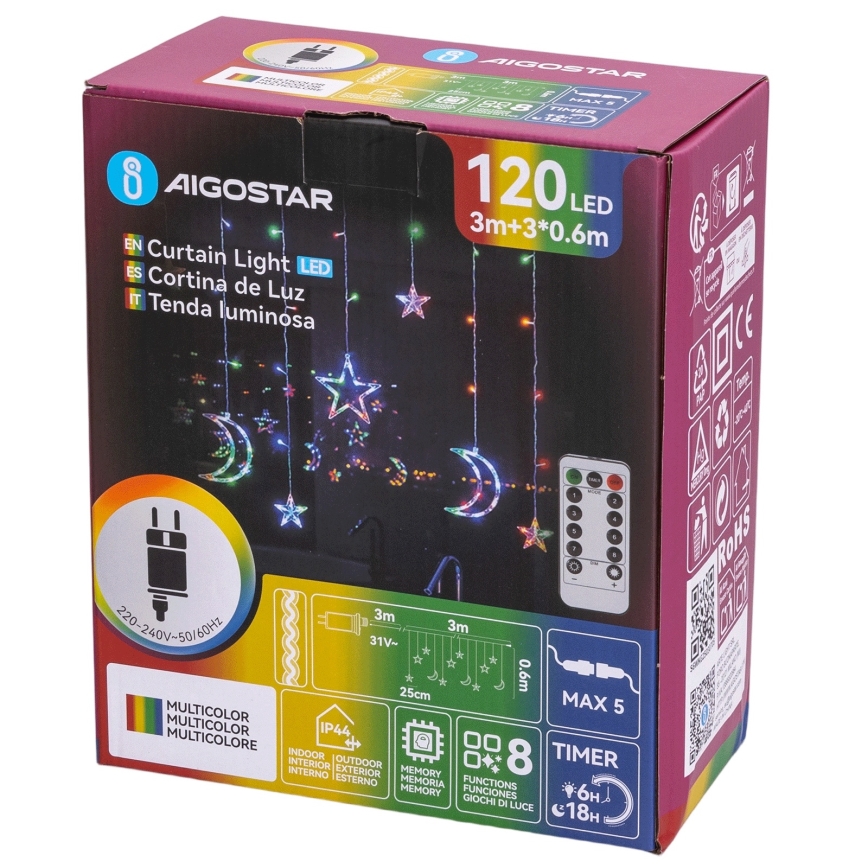 Aigostar - LED RGBY utomhus julslinga, 120 LED, 8 funktioner, 3x0,6 m, IP44, flerfärgad med fjärrkontroll