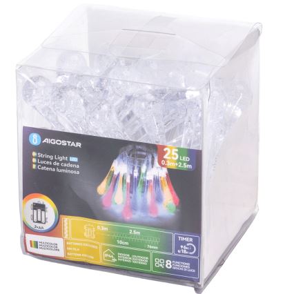 Aigostar - LED utomhusslinga 25 LED/8 lägen 3xAA 2,5m IP44 flerfärgade droppar