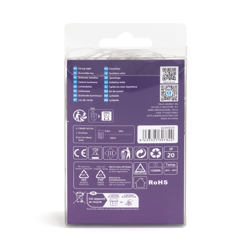 Aigostar - LED-slinga 100xLED/3xAA 10,3m varmvit