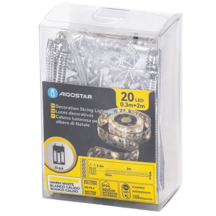 Aigostar - LED-ljusslinga 20xLED/3xAA 2 m varmvit silver