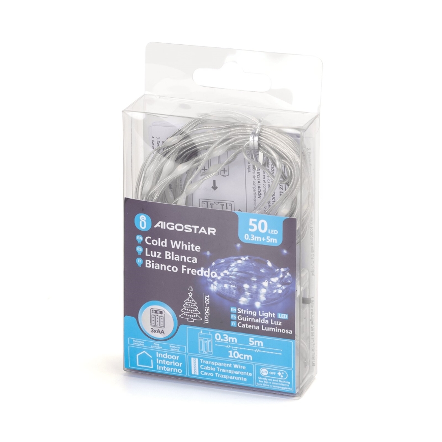 Aigostar - LED-slinga 50xLED/3xAA 5,3 m kallvit