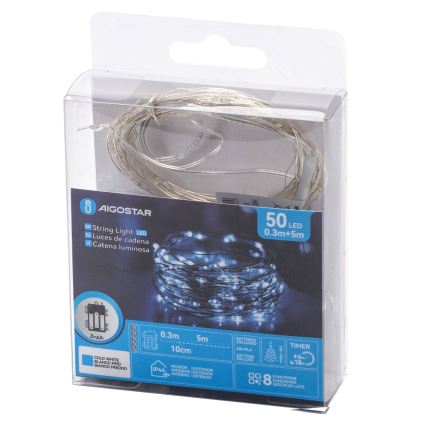 Aigostar - LED-ljusslinga för utomhusbruk 50xLED/3xAA IP44 5,3 m kallvit