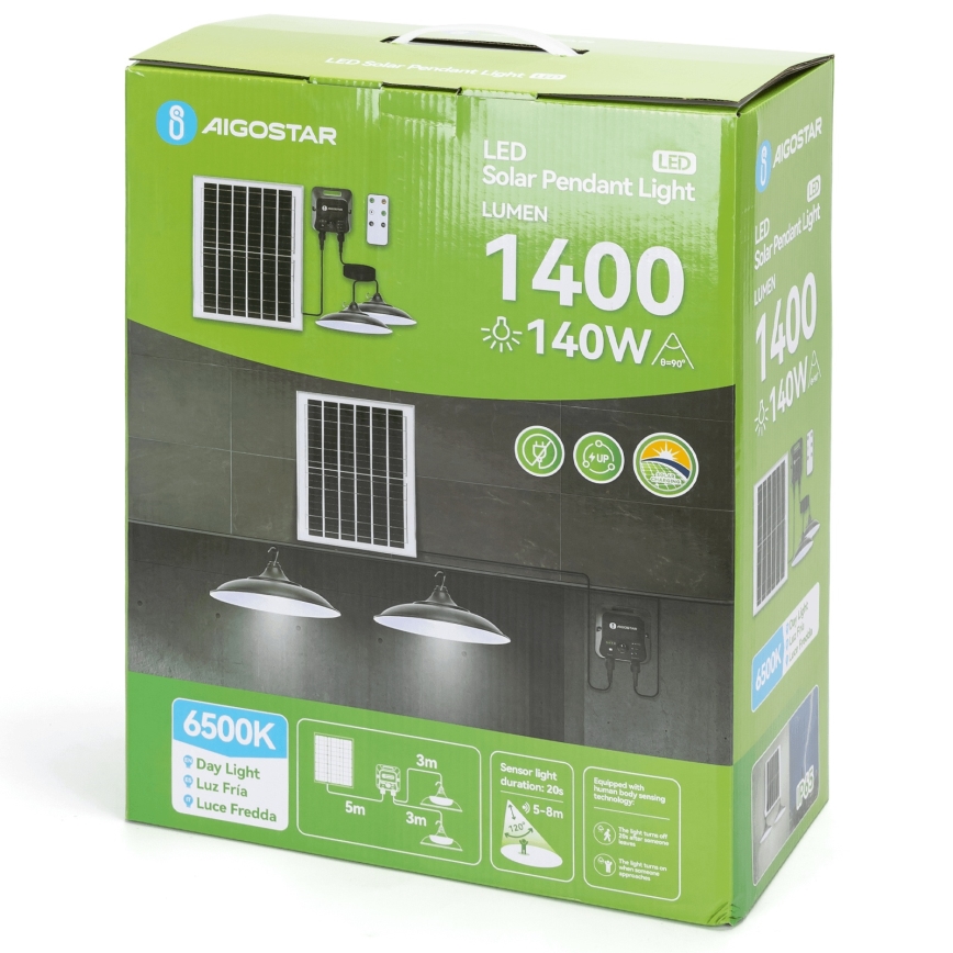 Aigostar - LED-solcellsdriven ljuskrona med sensor 2xLED/70W/12V 12000 mAh 6500K IP65 Ø 23,5 cm + fjärrkontroll