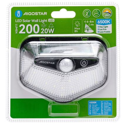 Aigostar - LED-solarlampa med sensor, LED/3,7 V, 6500 K, 500 mAh, IP65, svart