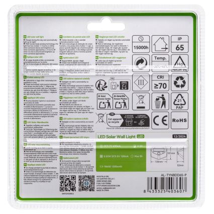 Aigostar - LED-solarlampa med sensor, LED/3,7 V, 6500 K, 500 mAh, IP65, svart